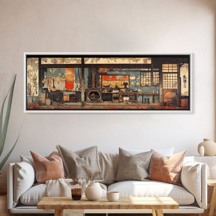 Rustic Japanese Tea House Interior Wall Art, Zen Kitchen Decor Print, Wabi Sabi Home Decor, Framed Canvas Print, Japandi Living Room Decor