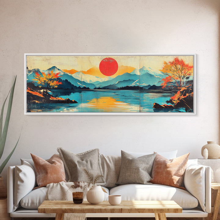 Red Sun Over Mountain Lake Framed Canvas Print, Japanese Landscape Wall Art, Autumn Nature Decor, Large Panoramic Print, Housewarming Gift