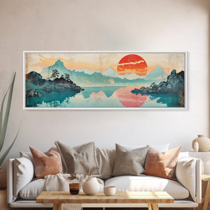 Coral Sun Over Teal Mountain Lake Wall Art, Japanese Landscape Print, Coastal Japandi Decor, Serene Bedroom Wall Art Print