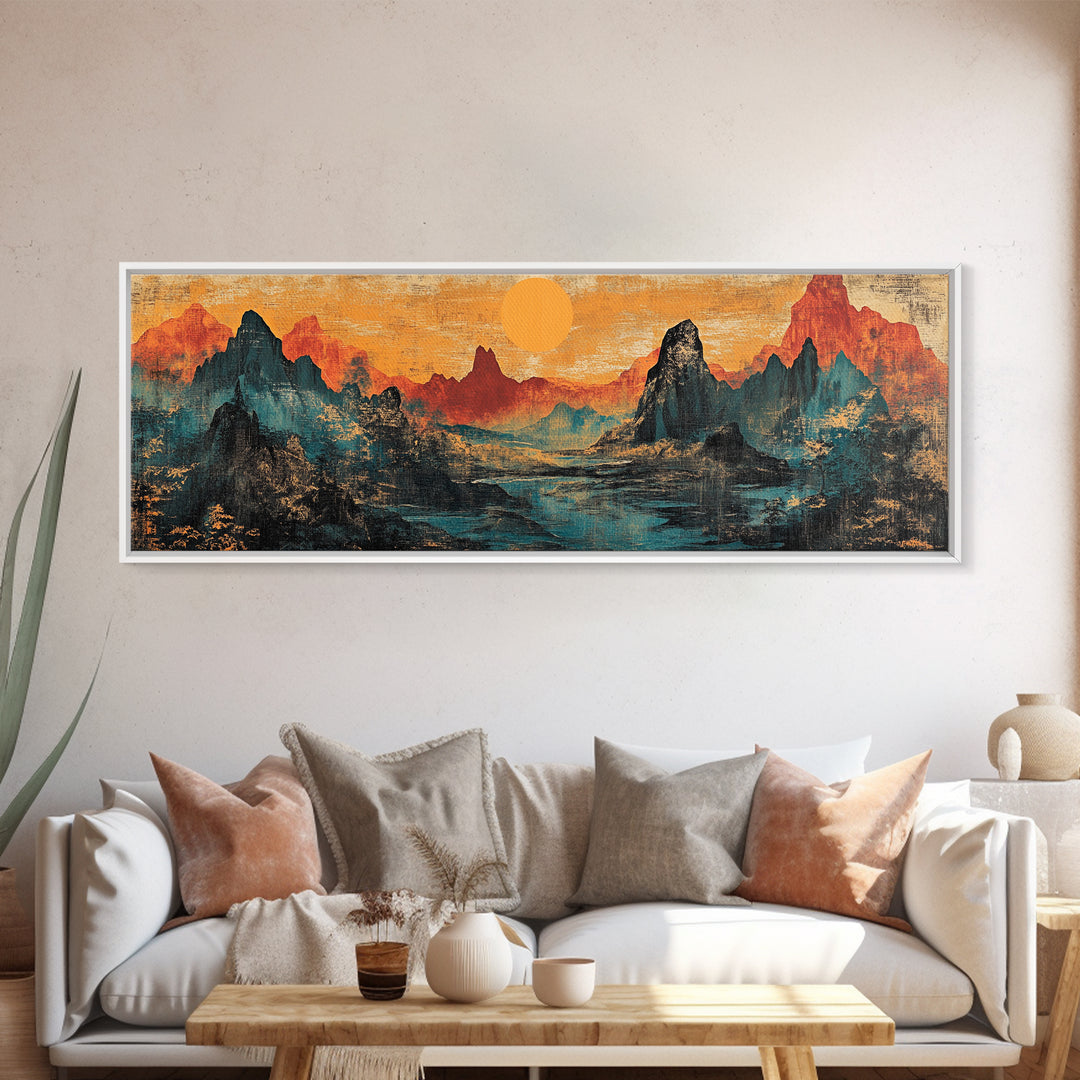 Orange Sun Over Dramatic Mountain Range Canvas Print, Asian Landscape Wall Art, Rustic Desert Decor, Statement Wall Art For Office Decor