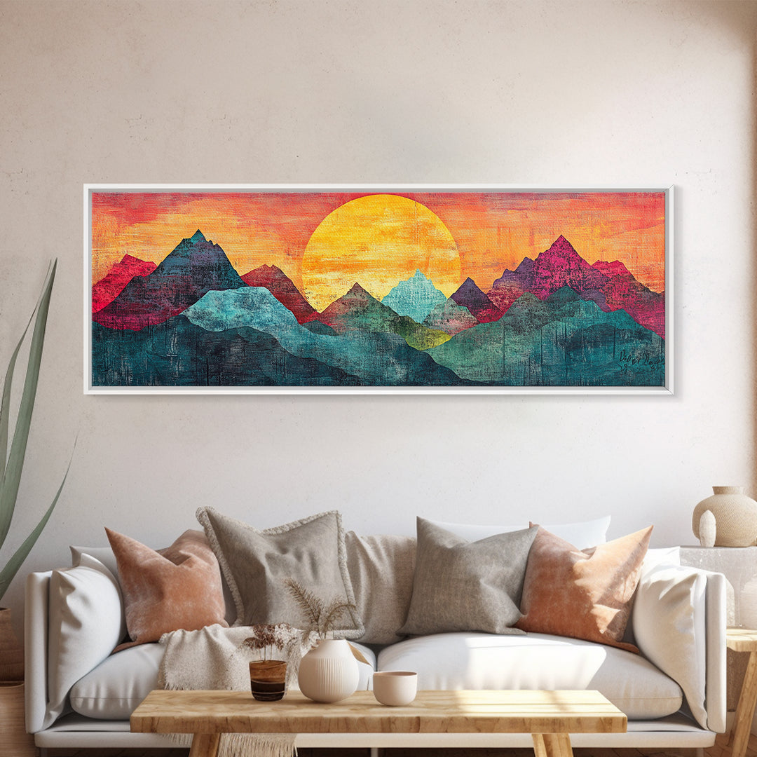 Geometric Mountain Sunrise With Teal And Magenta Peaks Wall Art, Mid Century Modern Canvas Print, Colorful Landscape Decor