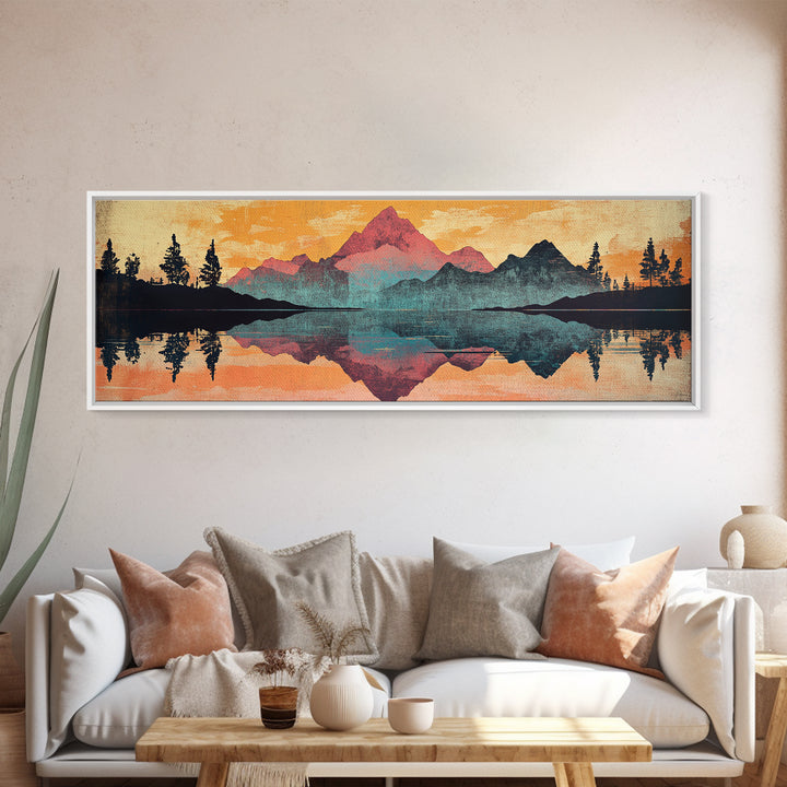 Mountain Lake Reflection With Pine Forest Sunset Wall Art, Framed Canvas Print, Nature Landscape, Rustic Cabin Decor, Lake House