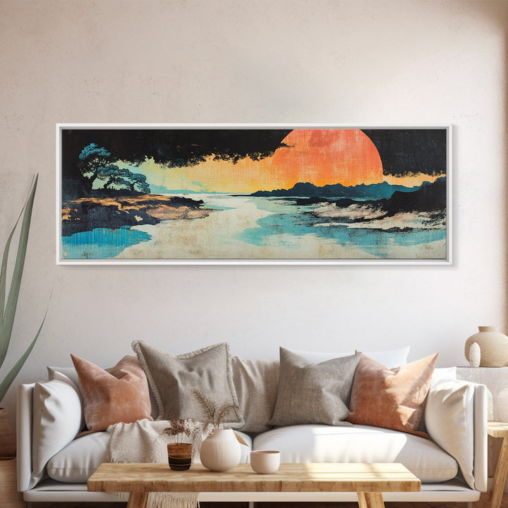 Serene Coastal Sunset With Lone Tree And Blue Shore Wall Art, Japanese Canvas Print, Zen Landscape, Beach House Decor, Spa Decor