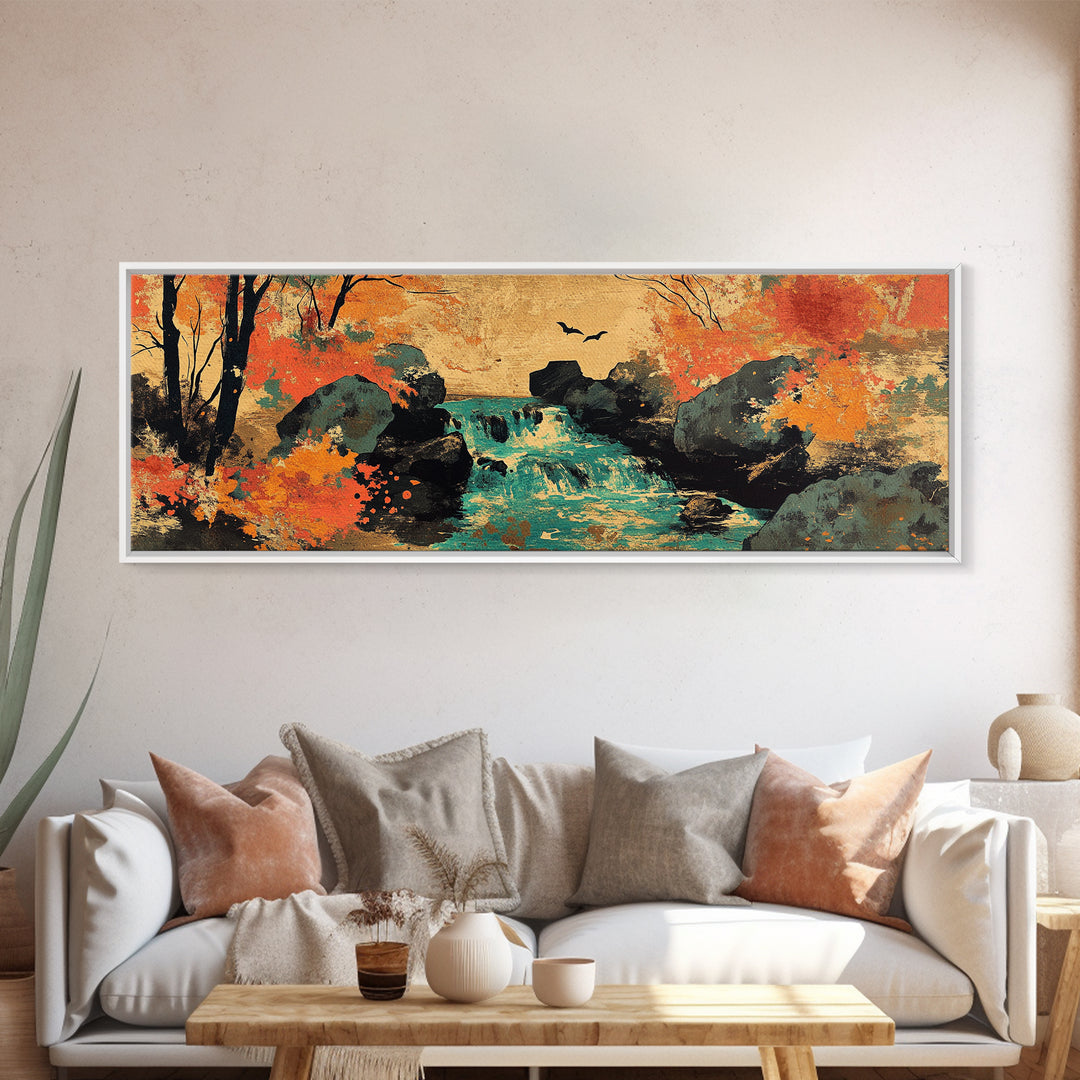 Autumn Forest Stream With Waterfall And Birds Wall Art, Framed Canvas Print, Rustic Landscape Art, Cozy Cabin Decor, Nature