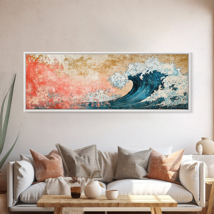 Crashing Blue Wave With Pink Coral Sky Wall Art, Framed Canvas Print, Coastal Seascape, Ocean Wall Decor, Beach House Decor