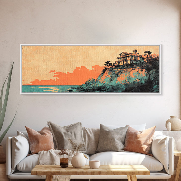 Japanese Cliffside House At Sunset Wall Art, Panoramic Canvas Print, Coastal Decor, Asian Inspired Living Room Decor Art Print