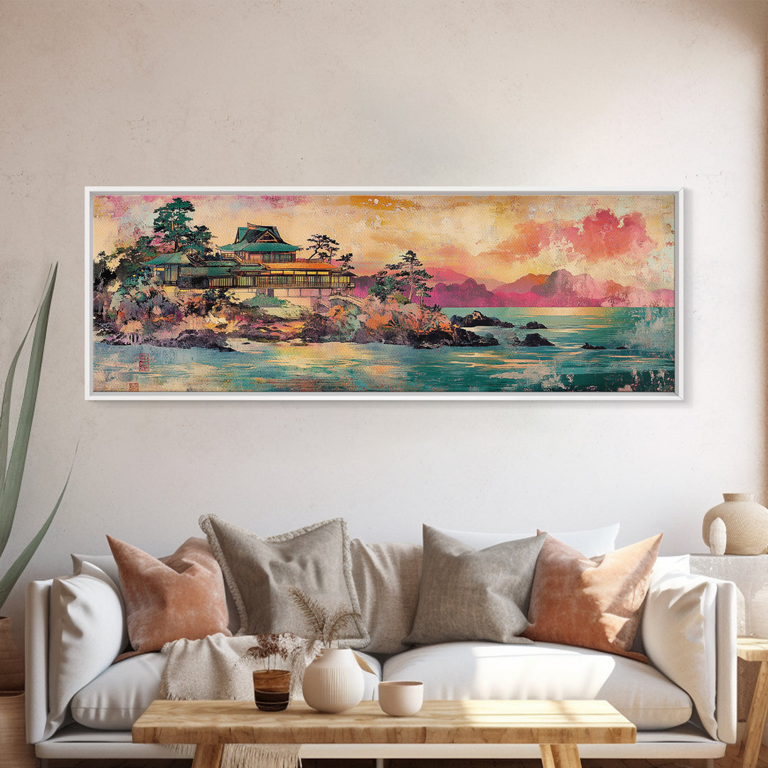 Japanese Palace On Turquoise Coast Wall Art, Panoramic Canvas Print, Asian Landscape Art For Japandi Living Room Decor Print