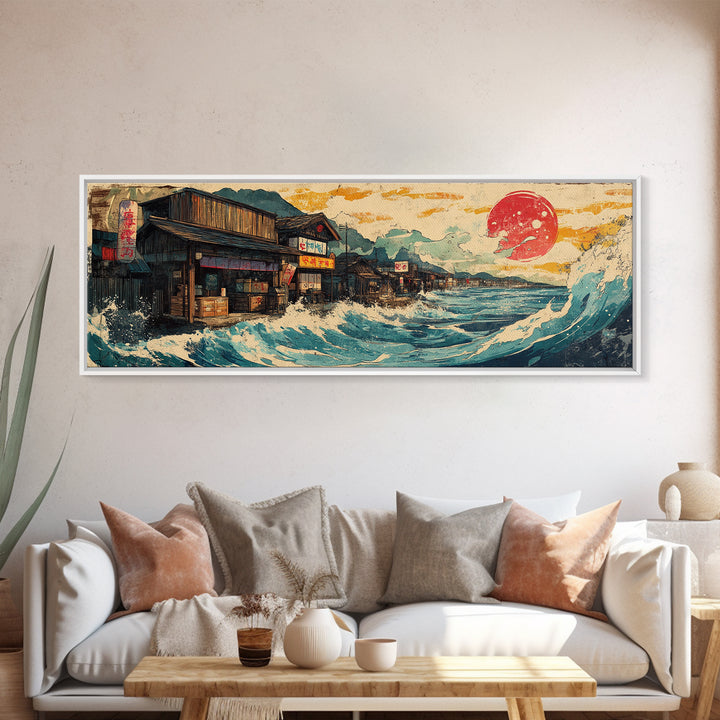 Japanese Seaside Village With Red Sun Wall Art, Panoramic Canvas Print, Ocean Wave Decor, Coastal Kitchen Art Print Home Decor