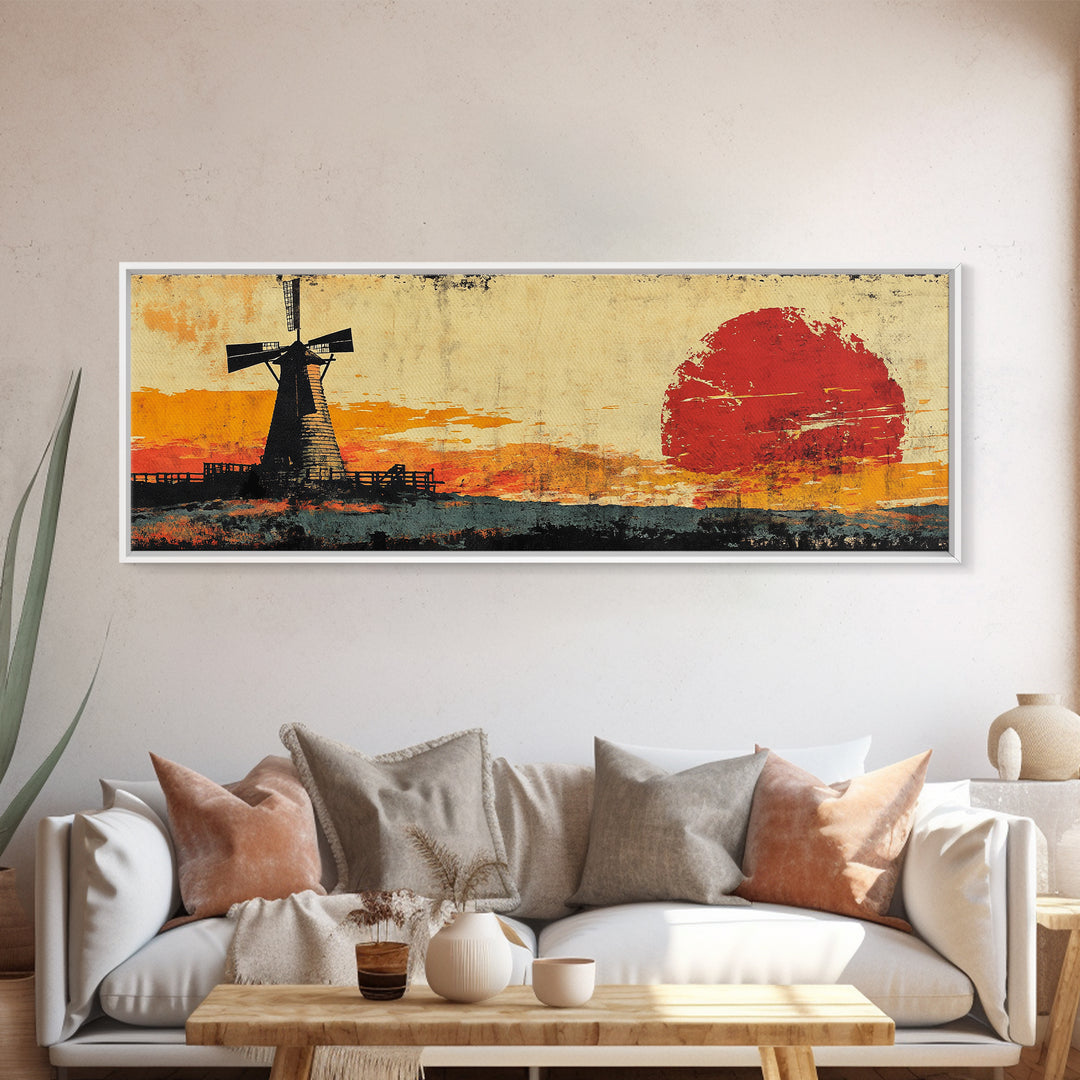 Rustic Windmill And Red Sun Landscape Wall Art, Panoramic Canvas Print, Farmhouse Decor, Western Living Room Art Home Decor