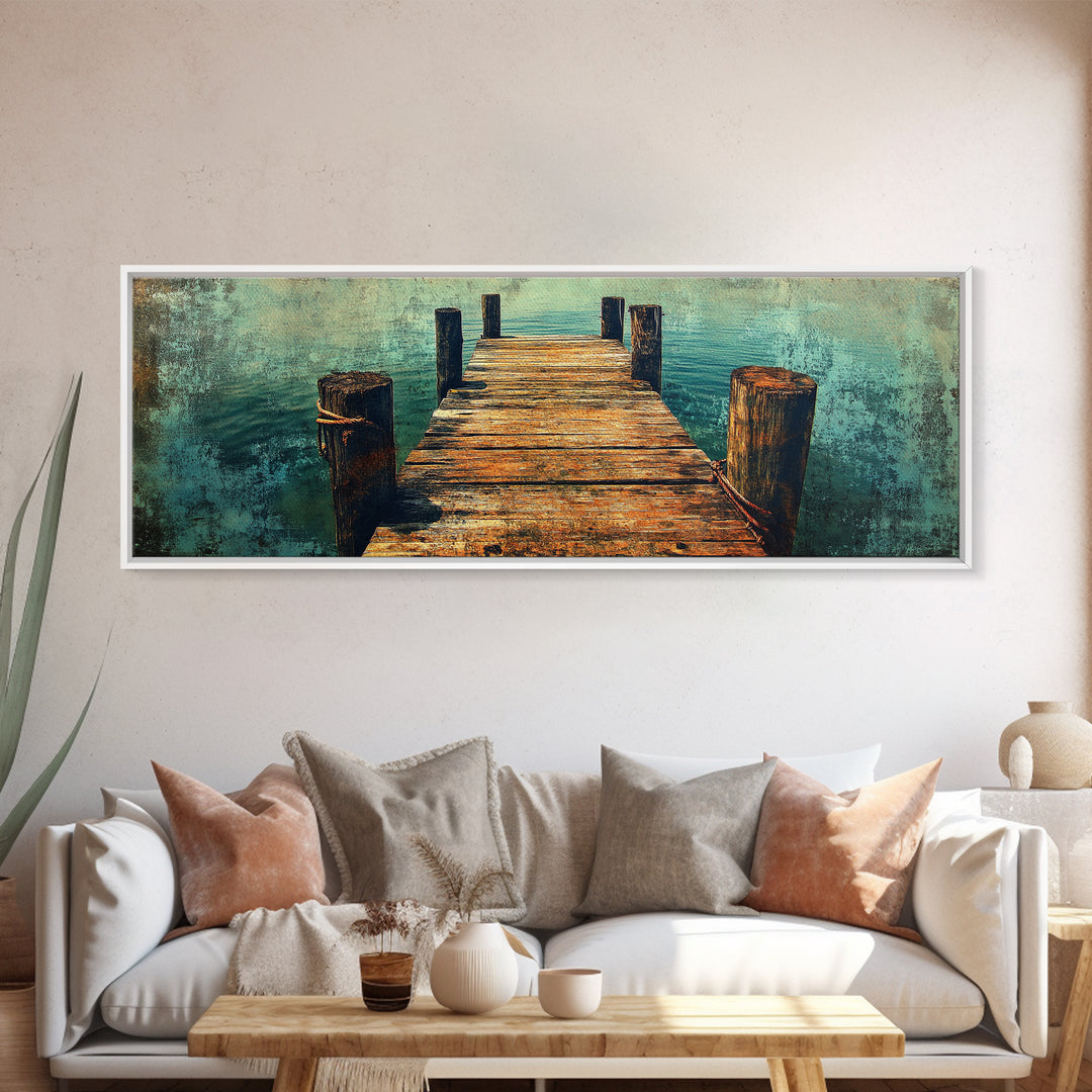 Weathered Wooden Dock Over Teal Water Wall Art, Panoramic Canvas Print, Lake House Decor, Nautical Living Room Art Coastal Decor
