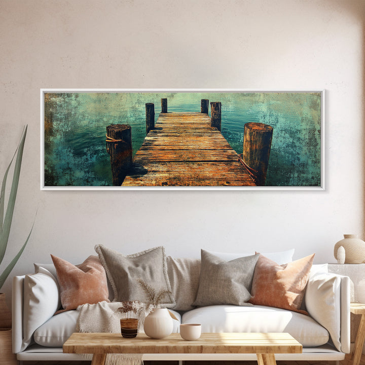Weathered Wooden Dock Over Teal Water Wall Art, Panoramic Canvas Print, Lake House Decor, Nautical Living Room Art Coastal Decor
