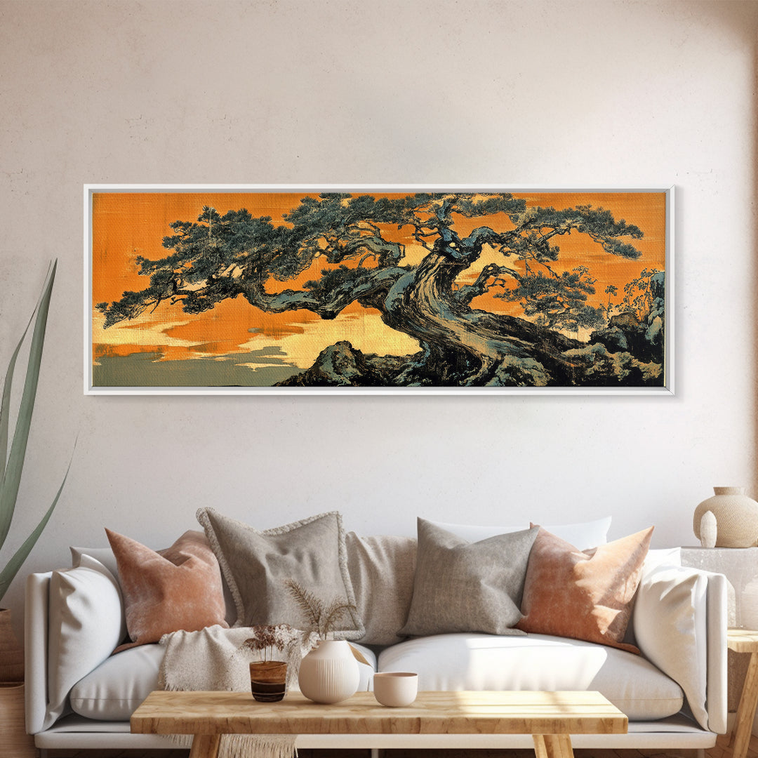 Twisted Japanese Pine Tree Landscape Wall Art, Panoramic Canvas Print, Japandi Decor, Nature Wall Decor, Office Art Print