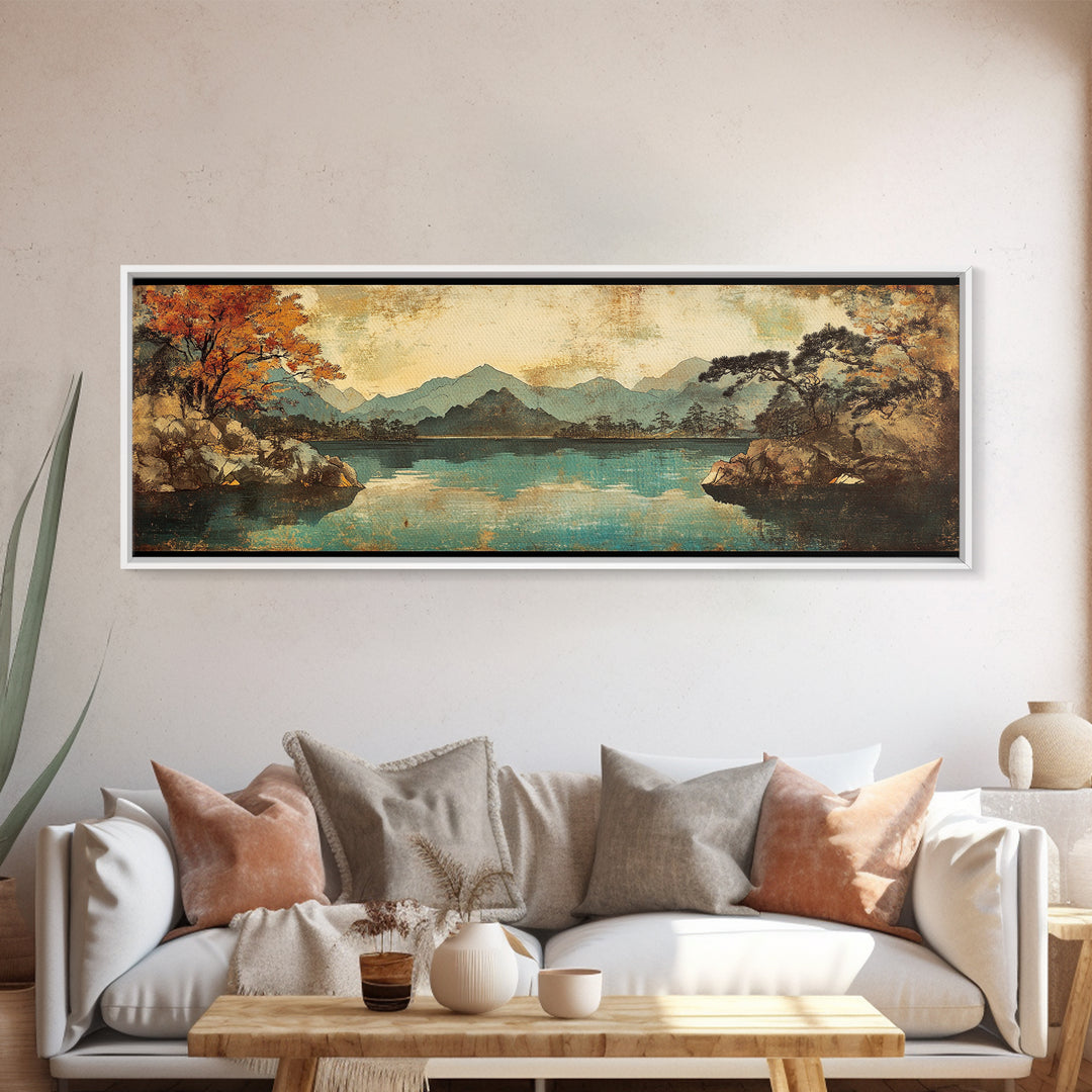 Autumn Mountain Lake With Misty Forest Wall Art, Panoramic Canvas Print, Nature Decor, Landscape Art For Living Room Decor
