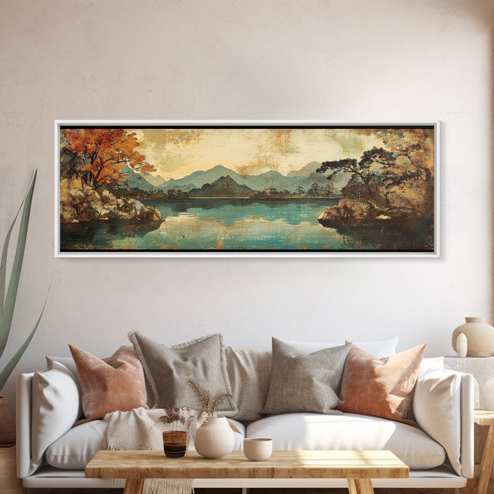 Autumn Mountain Lake With Misty Forest Wall Art, Panoramic Canvas Print, Nature Decor, Landscape Art For Living Room Decor