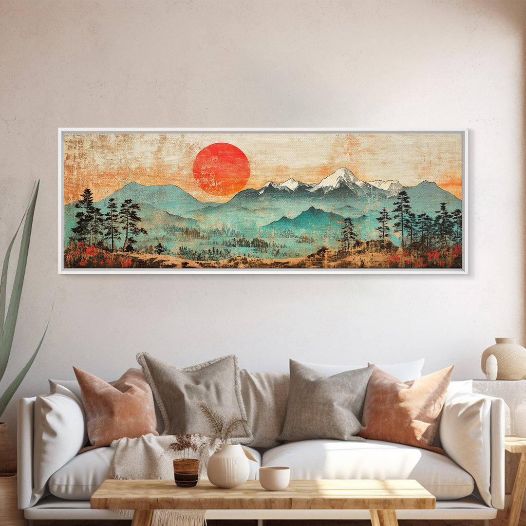 Red Sun Over Snowy Mountains And Pines Wall Art, Panoramic Canvas Print, Rustic Nature Decor, Large Landscape Art Home Decor