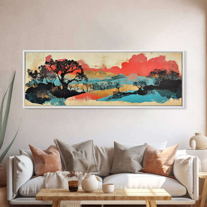 Coral Sky Abstract River Trees Wall Art, Japanese Landscape Print, Panoramic Canvas, Modern Asian Living Room Decor, Home Decor
