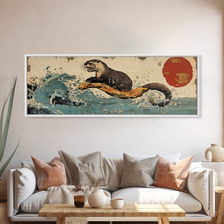 Playful Otter Riding Ocean Wave Wall Art, Japanese Animal Print, Panoramic Canvas, Coastal Bathroom Decor, Wildlife Gift For Her