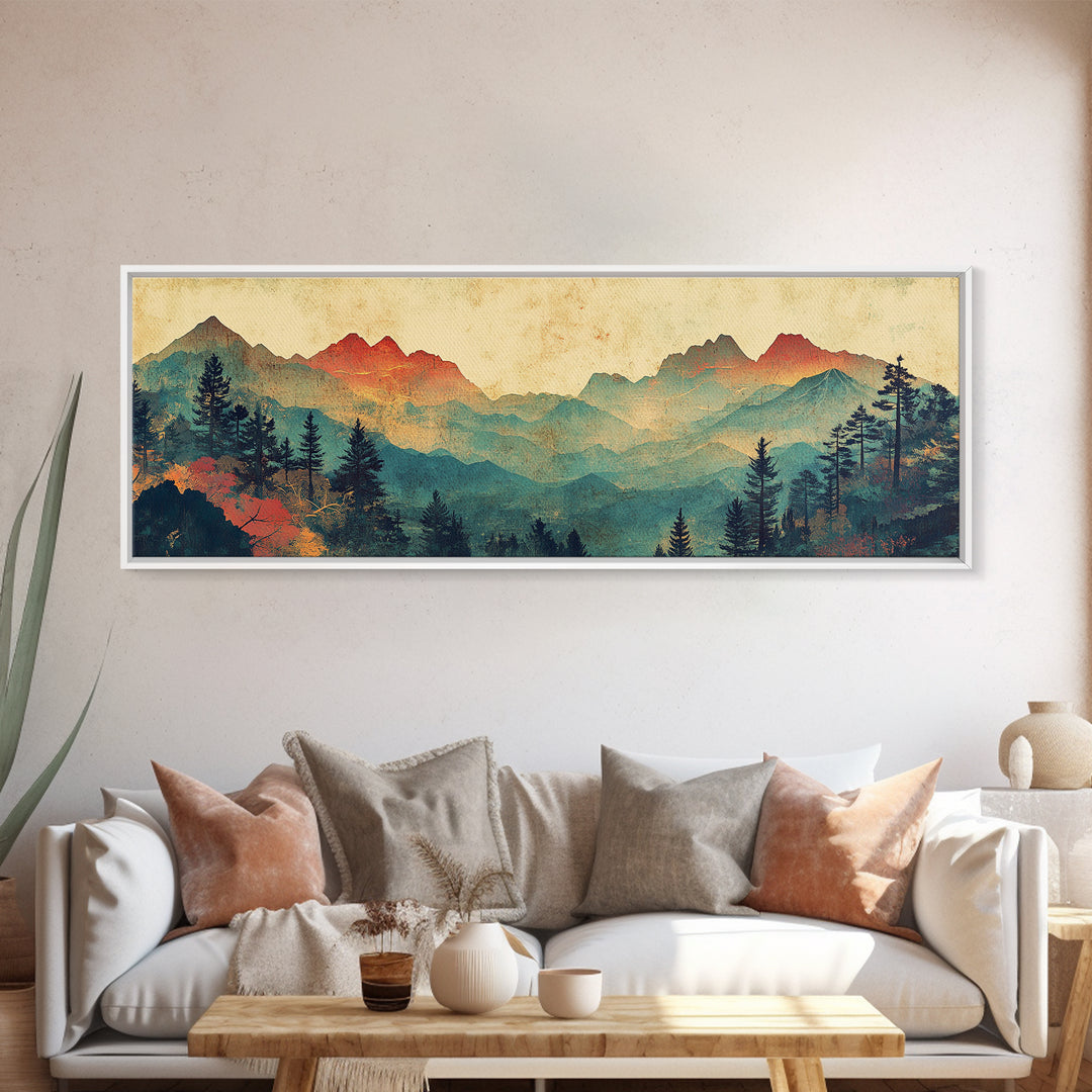 Layered Blue Mountain Forest Wall Art, Panoramic Canvas Print, Nature Landscape, Rustic Cabin Living Room Decor, Above Sofa Decor