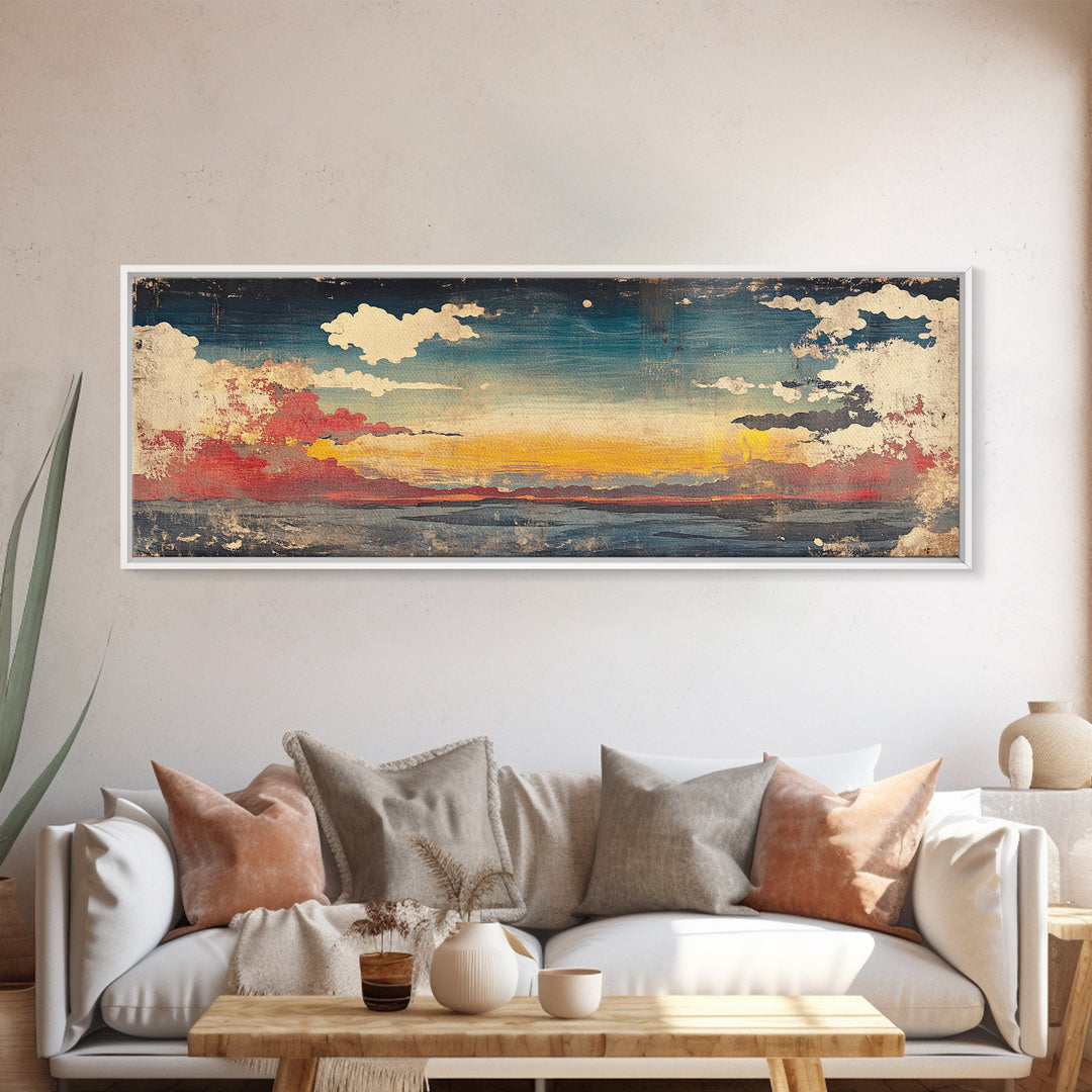 Moody Sunset Clouds Over Water Wall Art, Abstract Seascape Canvas Print, Coastal Landscape, Panoramic Home Decor, Living Room Art