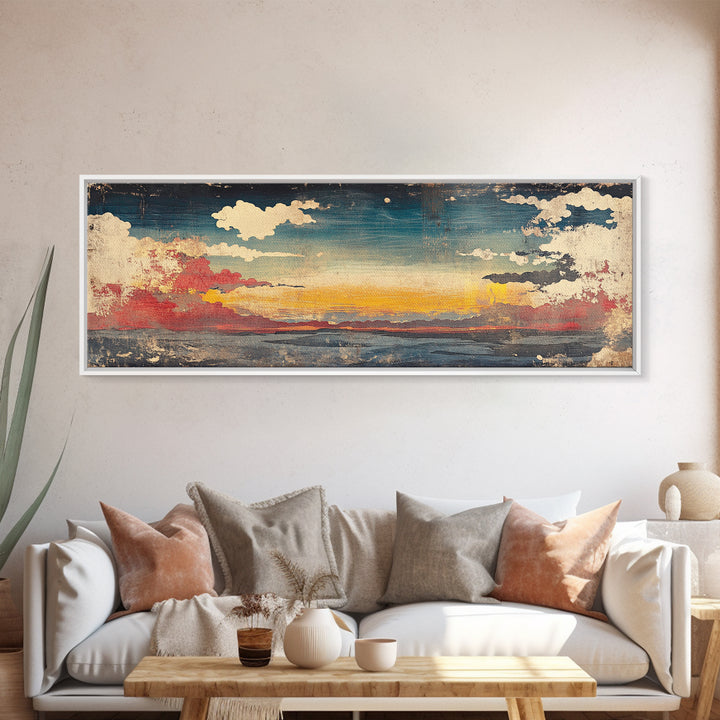 Moody Sunset Clouds Over Water Wall Art, Abstract Seascape Canvas Print, Coastal Landscape, Panoramic Home Decor, Living Room Art