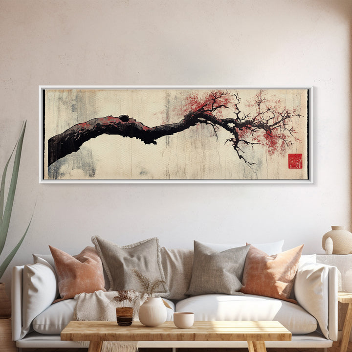 Minimal Black Branch With Red Blossoms Wall Art, Japanese Botanical Canvas Print, Wabi Sabi Neutral Home Decor, Above Bed Art