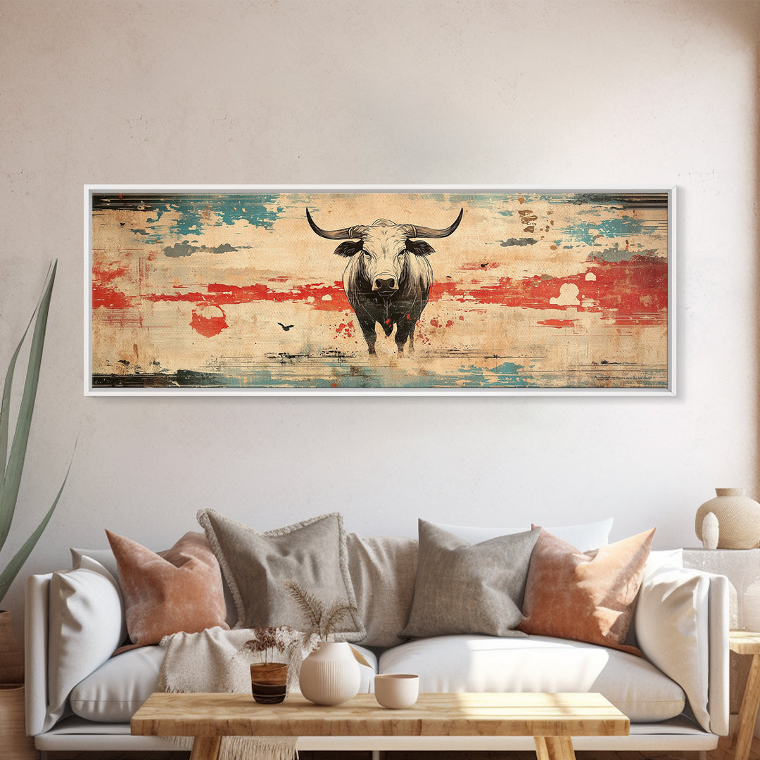 Longhorn Bull Rustic Southwest Wall Art, Western Ranch Canvas Print, Cowboy Home Decor, Desert Landscape, Gift For Him, Man Cave Decor