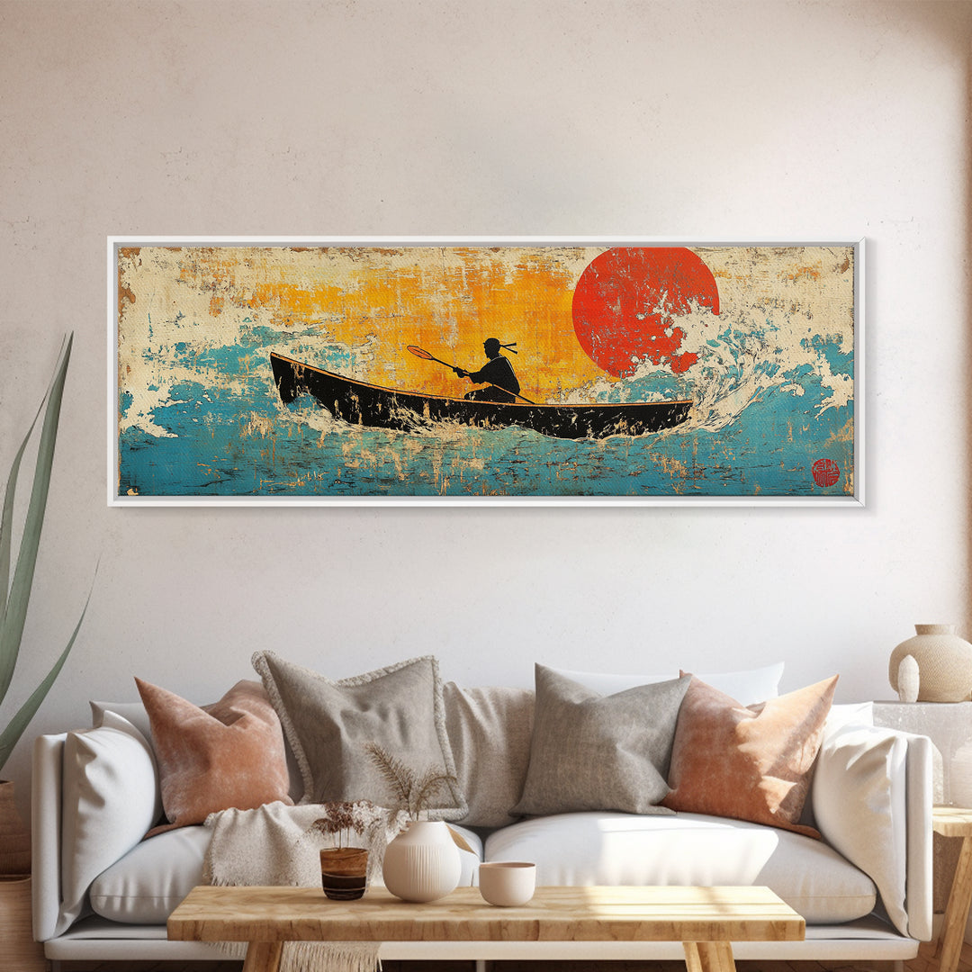 Canoe Silhouette Red Sun Canvas Print, Japanese Lake Wall Art, Retro Coastal Home Decor, Boho Living Room, Gift For Her, Art Print