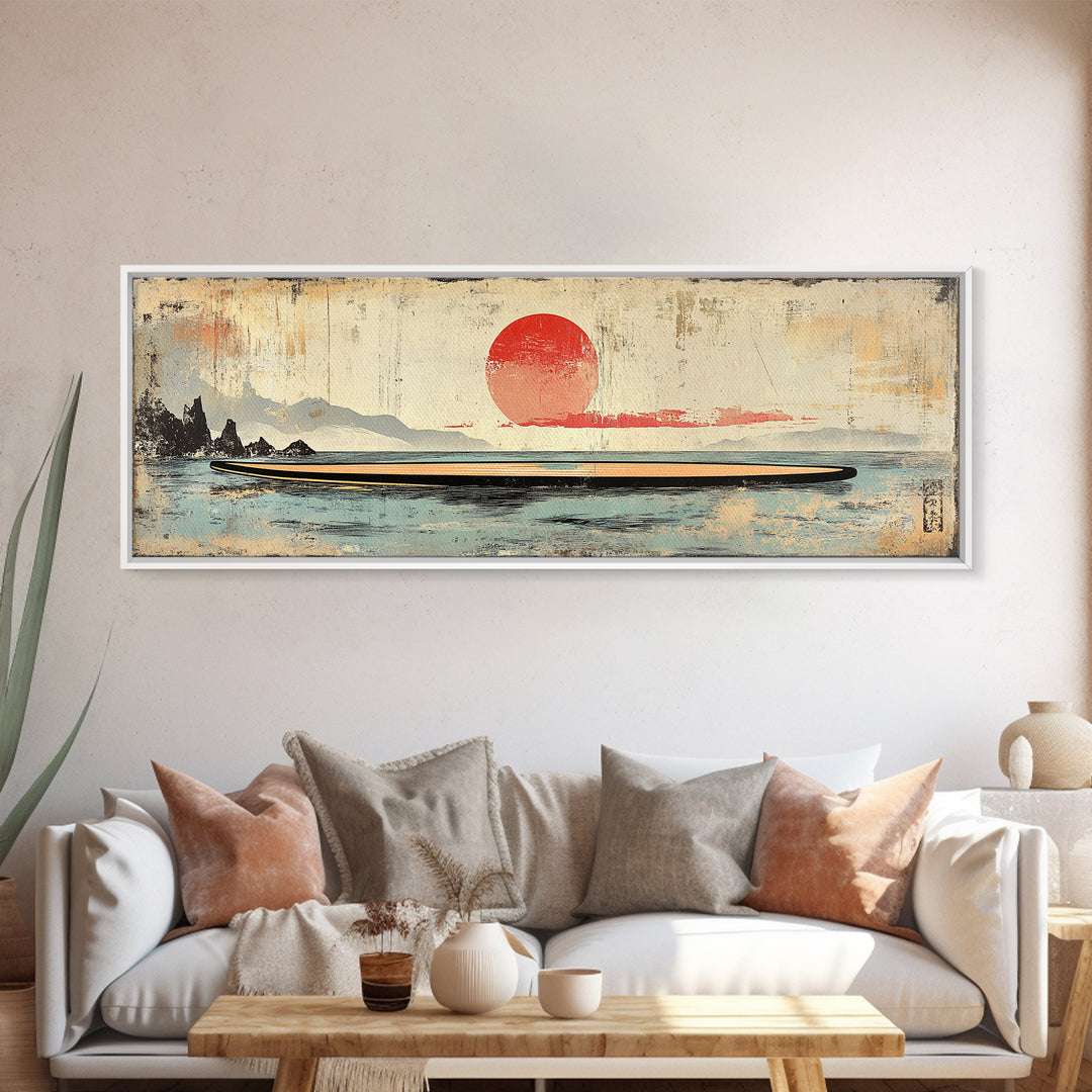 Red Sun Seascape Minimalist Wall Art, Japanese Coastal Canvas Print, Neutral Beach House Decor, Living Room Art Print, Zen Home Decor
