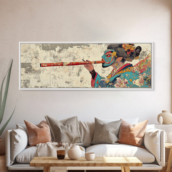 Japanese Geisha Flute Portrait Framed Canvas Print, Asian Wall Art, Kimono Woman Decor, Japandi Home Decor, Gift For Her