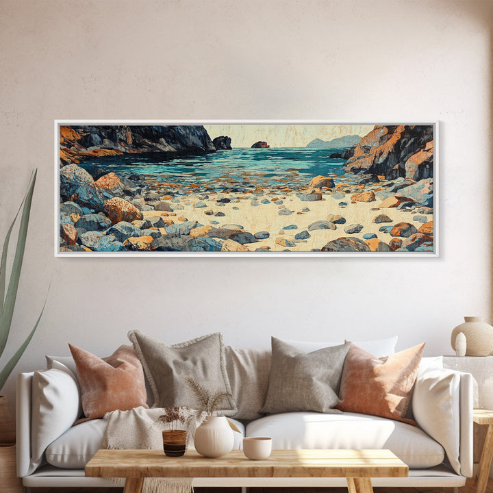Turquoise Rocky Shore Seascape Wall Art, Coastal Canvas Print, Ocean Landscape, Beach House Decor, Large Living Room Art