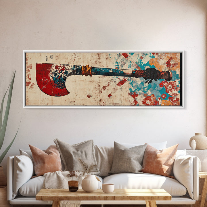 Red Blade Tribal Axe Wall Art, Grunge Weapon Illustration, Rustic Man Cave Decor, Bold African Inspired Canvas Print, Office Decor