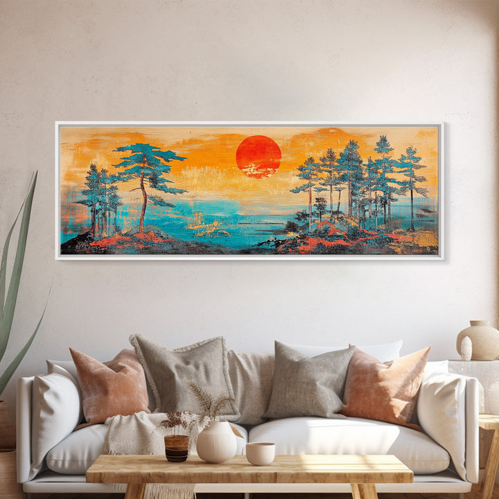 Red Sun Pine Island Wall Art, Japanese Coastal Landscape, Serene Ocean Decor, Long Horizontal Framed Canvas Print, Living Room Art