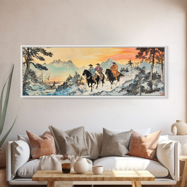 Two Cowboys Snowy Mountain Wall Art, Western Horse Landscape Painting, Rustic Cabin Decor, Large Framed Canvas Print, Gift For Him