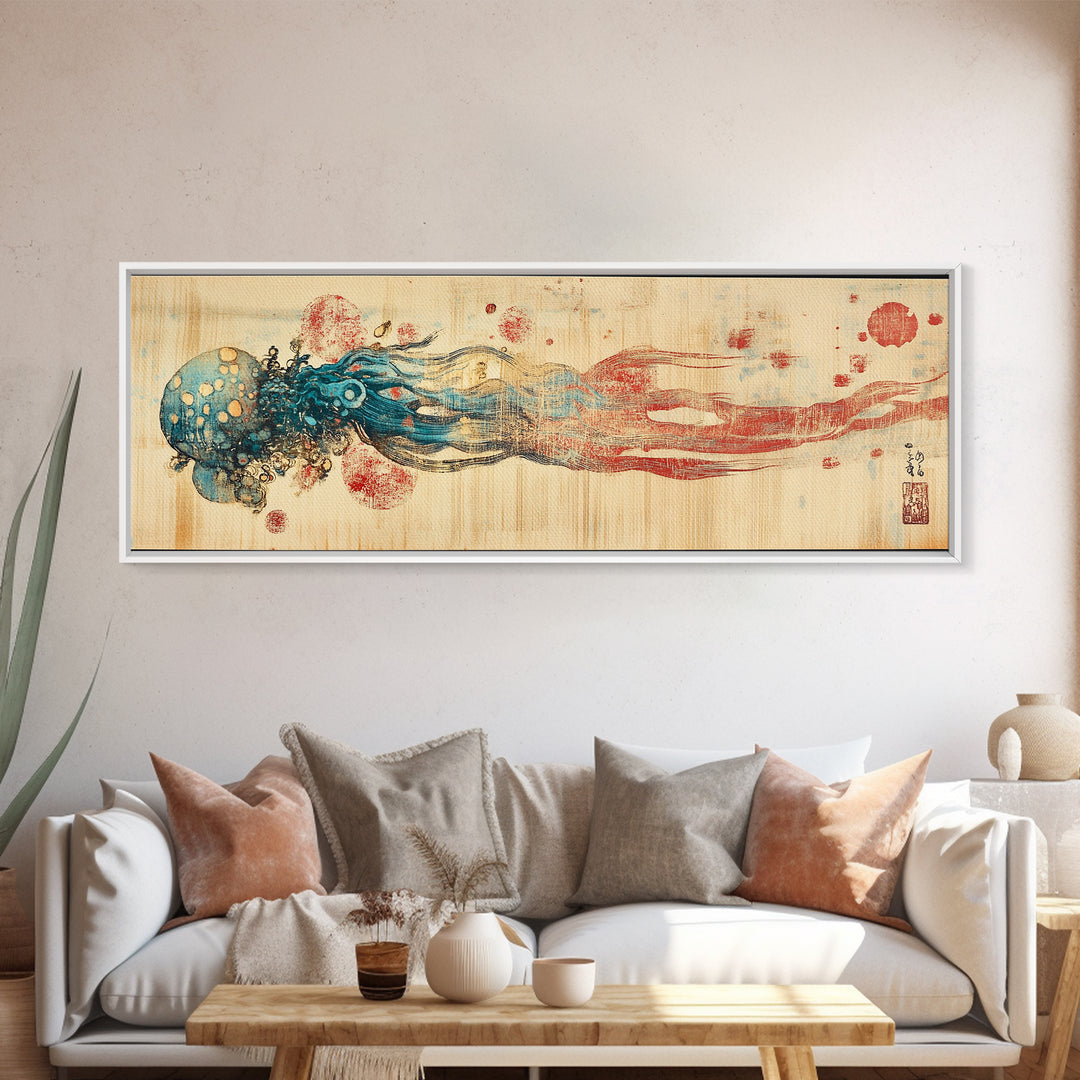 Blue Jellyfish Ocean Wall Art, Marine Life Illustration, Coastal Bathroom Decor, Nautical Framed Canvas Print, Gift For Her
