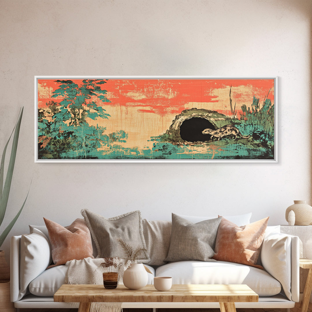 Teal Pine Forest And Moonlit Cave Wall Art, Japanese Landscape Print, Japandi Decor, Panoramic Canvas, Nature Home Decor