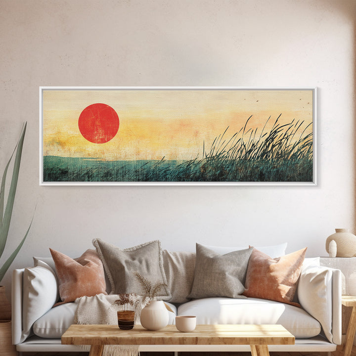Red Sun Marsh Grass Wall Art, Minimalist Japanese Landscape Print, Zen Nature Decor, Horizontal Canvas, Calming Living Room Decor