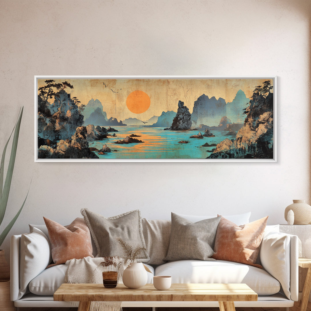 Turquoise Karst Bay Sunset Wall Art, Asian Landscape Print, Japanese Wall Decor, Zen Coastal Art, Panoramic Canvas Print