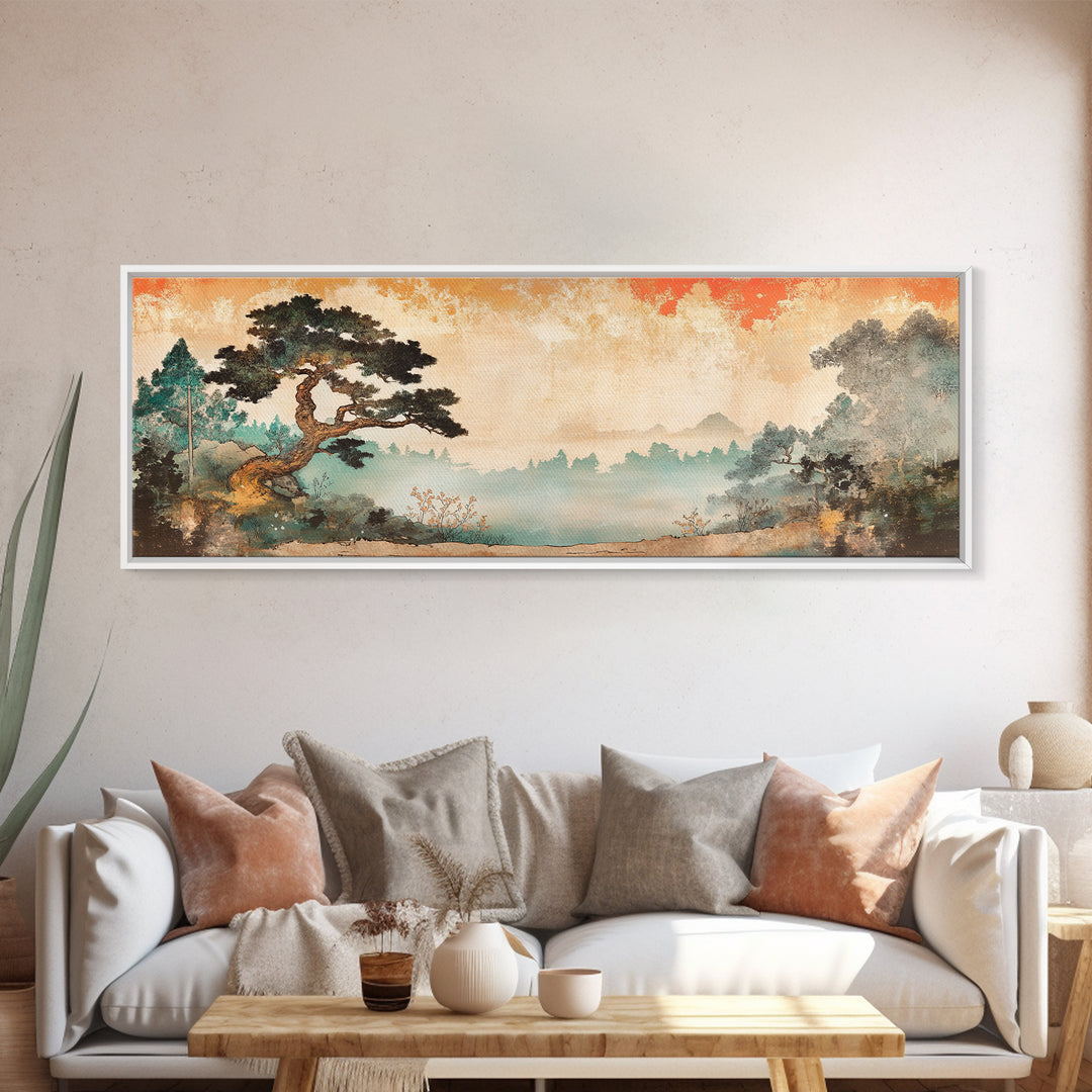 Misty Pine Tree Mountain Wall Art, Japanese Landscape Print, Japandi Wall Decor, Serene Nature Art, Large Horizontal Canvas