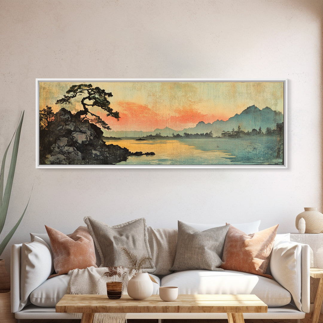 Japanese Lake Sunset With Lone Pine Wall Art, Panoramic Landscape Print, Japandi Decor, Serene Living Room Wall Decor, Home Decor