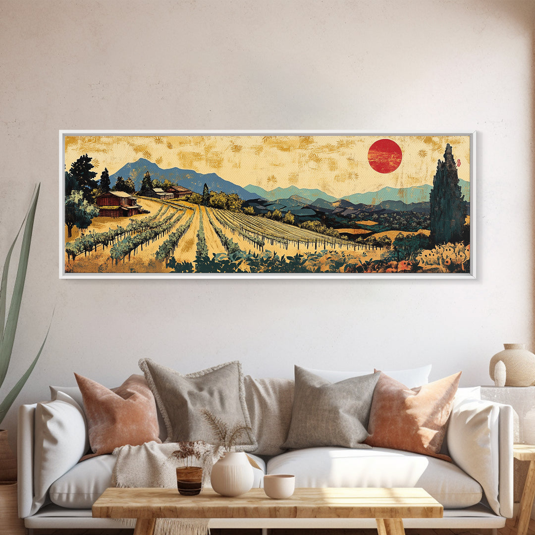 Tuscan Vineyard Rows And Red Sun Canvas Print, Wine Country Landscape Wall Art, Rustic Kitchen Decor, Housewarming Gift Idea