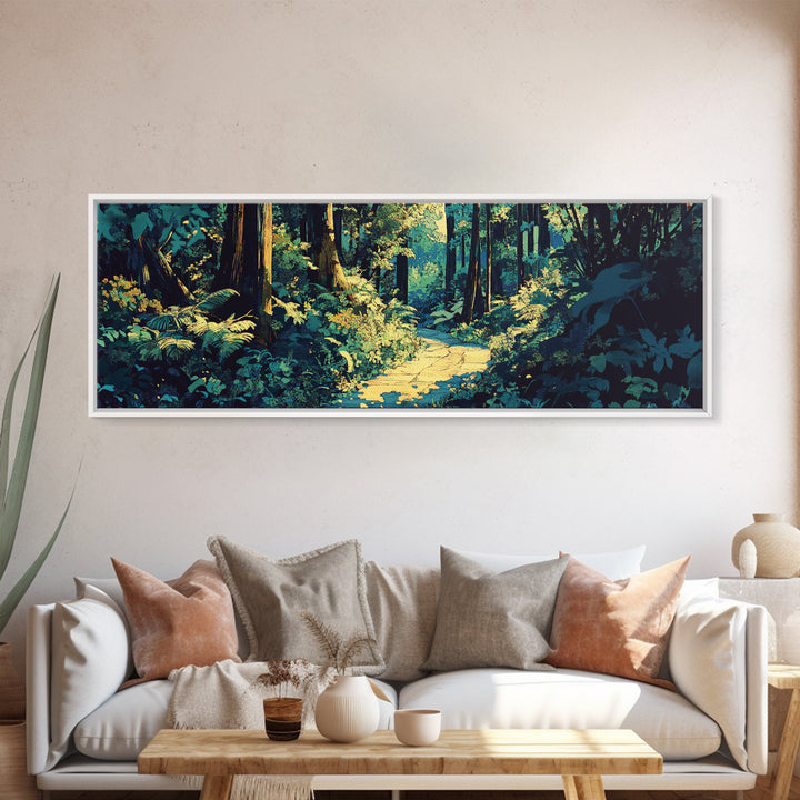 Sunlit Forest Path Through Ferns Wall Art, Nature Landscape Canvas Print, Woodland Decor, Calming Living Room Wall Art Print
