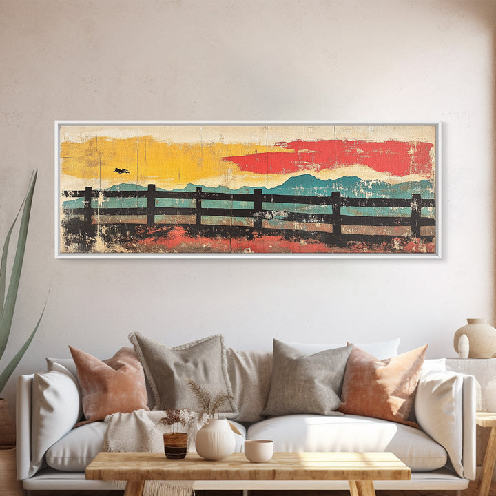 Rustic Fence And Mountain Horizon Wall Art, Abstract Landscape Canvas Print, Mid Century Modern Decor, Horizontal Wall Art