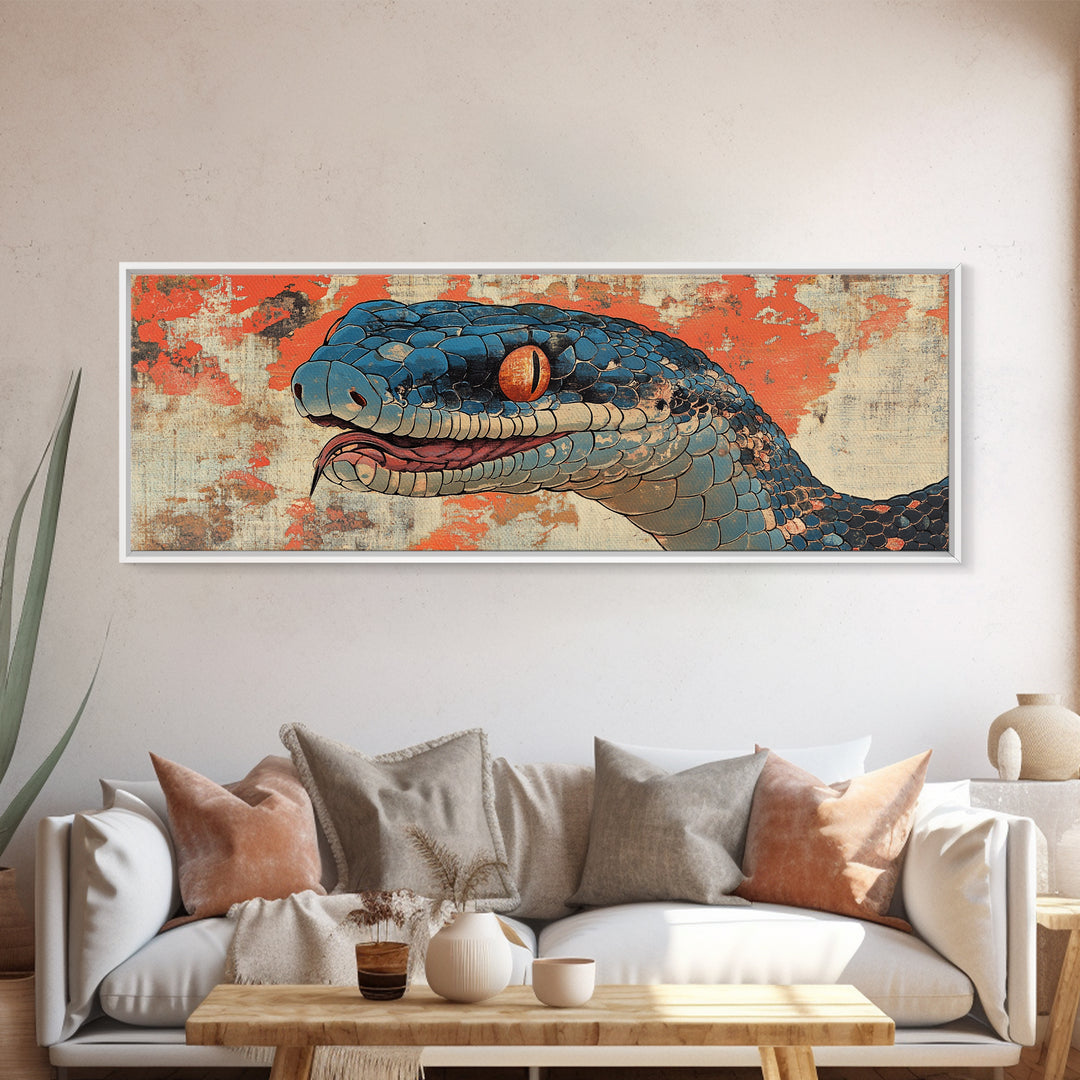Blue Snake Portrait With Orange Eyes Wall Art, Wildlife Canvas Print, Snake Illustration, Bold Eclectic Home Decor, Statement Wall Art
