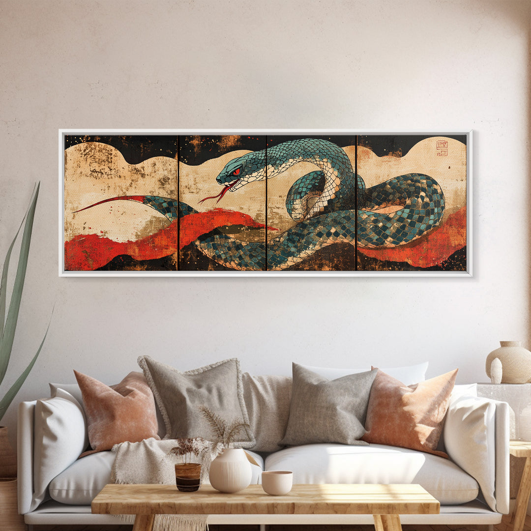 Teal Serpent With Red Sun Waves Wall Art, Japanese Snake Canvas, Ukiyo E Style, Asian Decor, Bold Wildlife Living Room Print