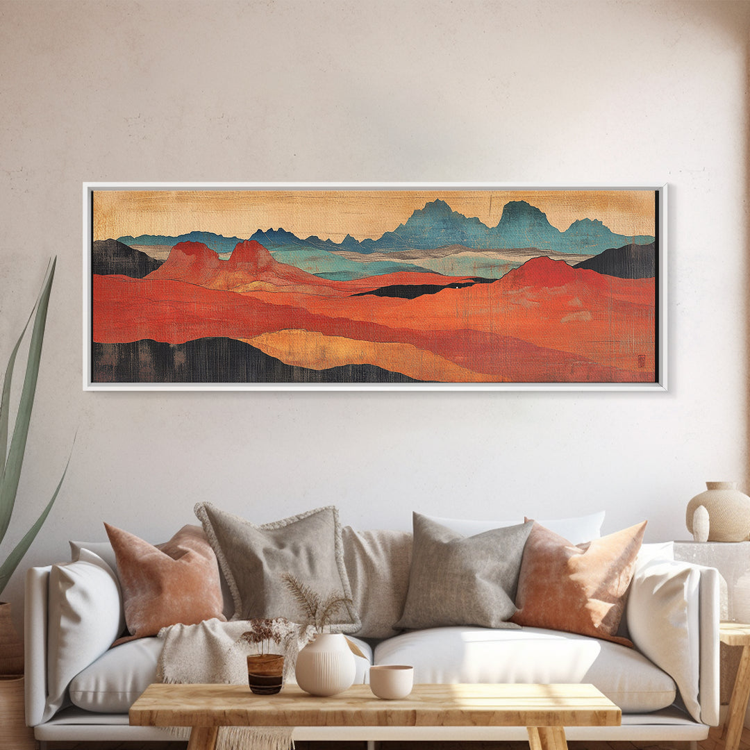 Red Orange Desert Hills Framed Canvas Print, Abstract Landscape Art, Southwestern Decor, Earth Tone Modern Living Room Wall Art