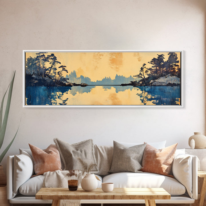 Blue Lake Pine Forest Reflections Canvas Print, Serene Nature Wall Art, Japandi Landscape Decor, Calming Living Room Print