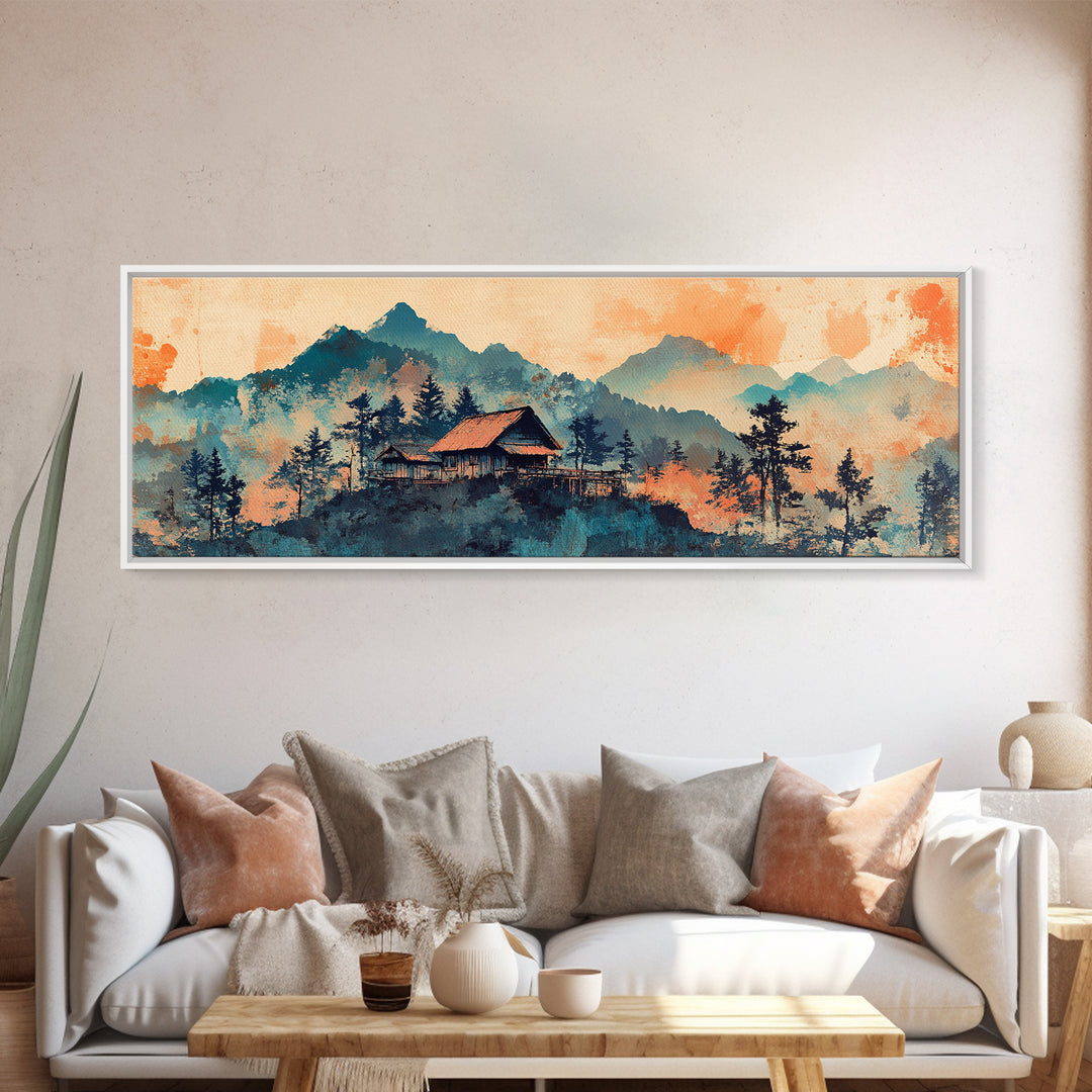 Mountain Cabin At Peach Sunrise Wall Art, Watercolor Landscape Print, Rustic Nature Decor, Cozy Bedroom Living Room Canvas