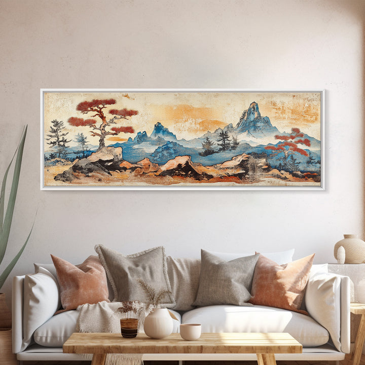 Zen Rock Garden With Blue Mountains Wall Art, Japanese Landscape Print, Wabi Sabi Decor, Serene Japandi Living Room Canvas