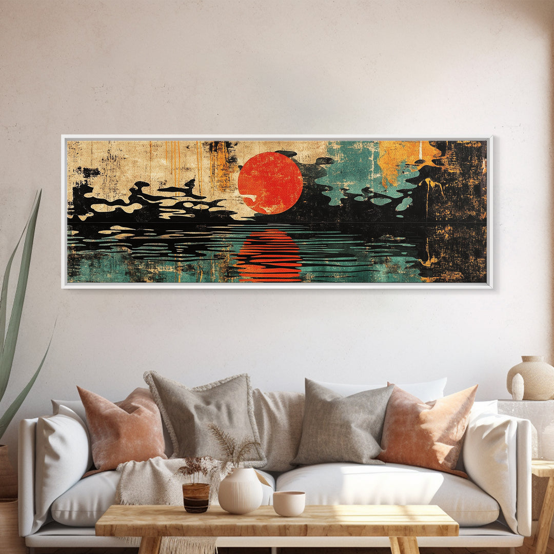 Red Sun Over Black Water Wall Art, Japanese Ink Seascape Print, Minimalist Asian Decor, Bold Modern Living Room Canvas Art