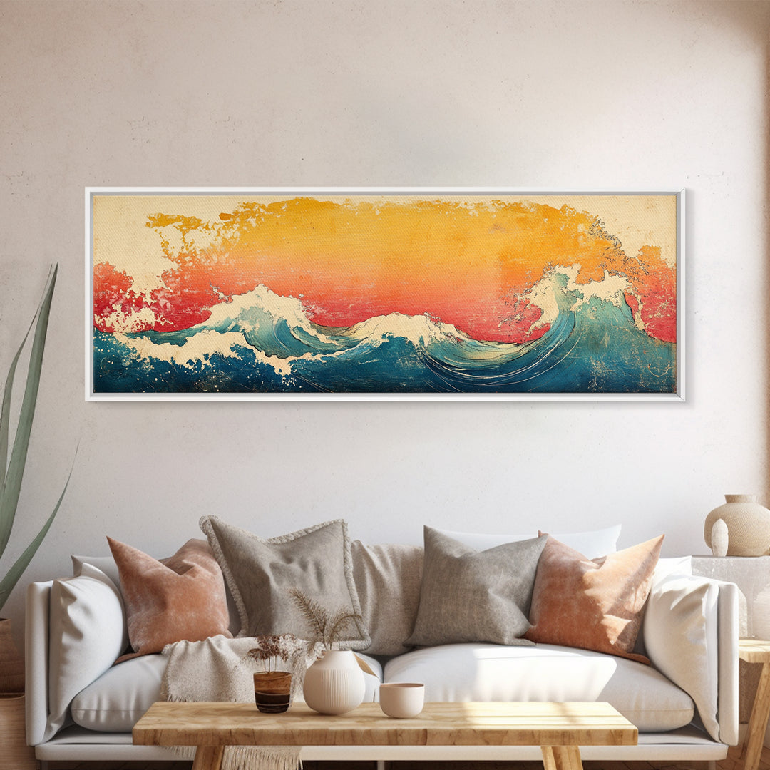Great Wave At Golden Sunset Canvas Print, Japanese Ocean Wall Art, Hokusai Inspired Coastal Decor, Blue Living Room Print